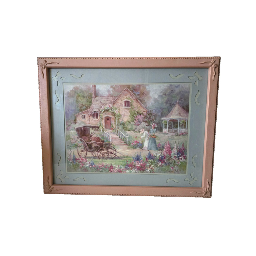 Barbara Mock Cottage Garden Summer Afternoon Ornate Pink Framed Signed Print